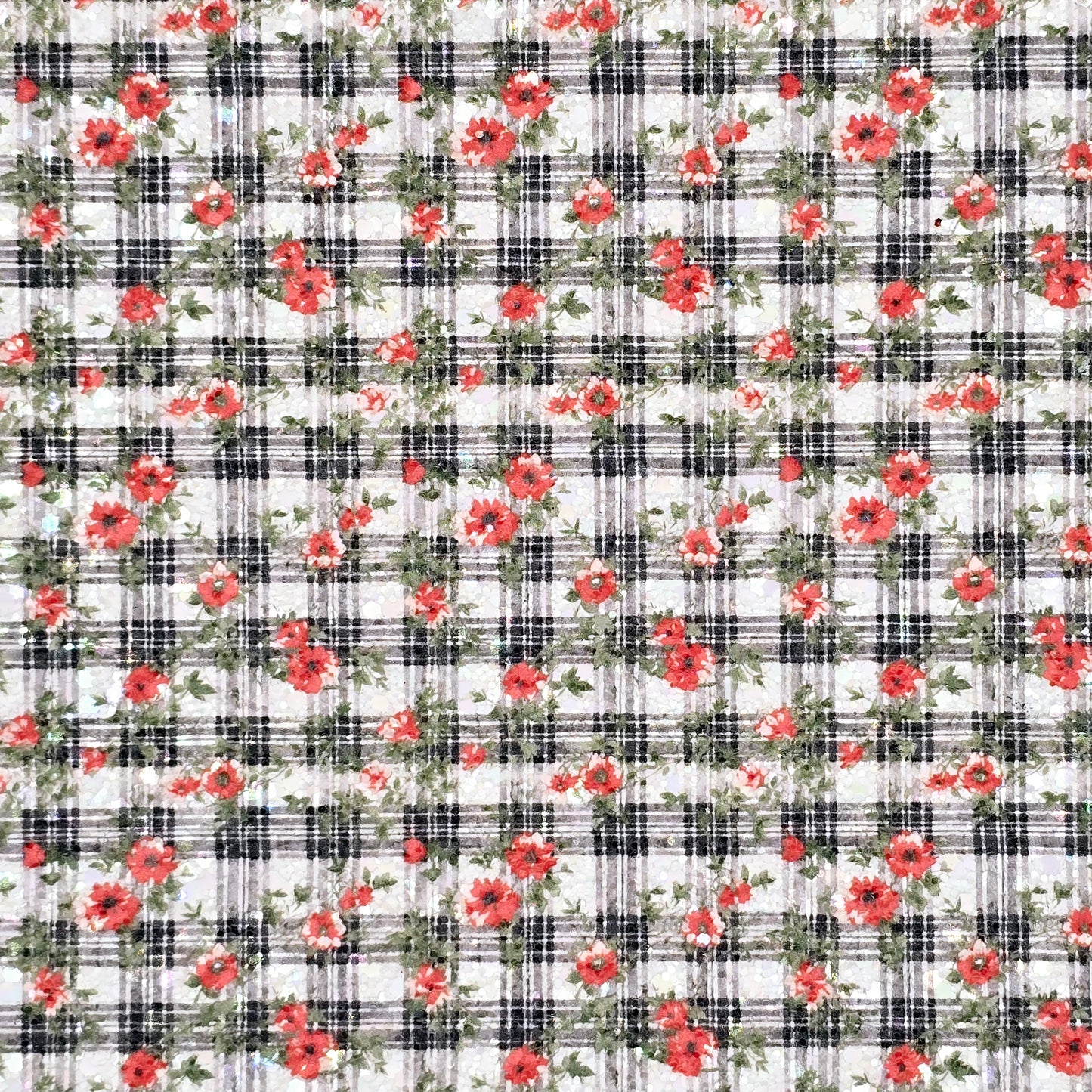 Red Poppies on black & White Plaid Chunky Glitter