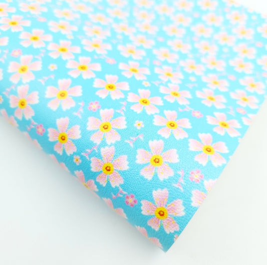 Pink on Blue Floral Artisan Leatherette