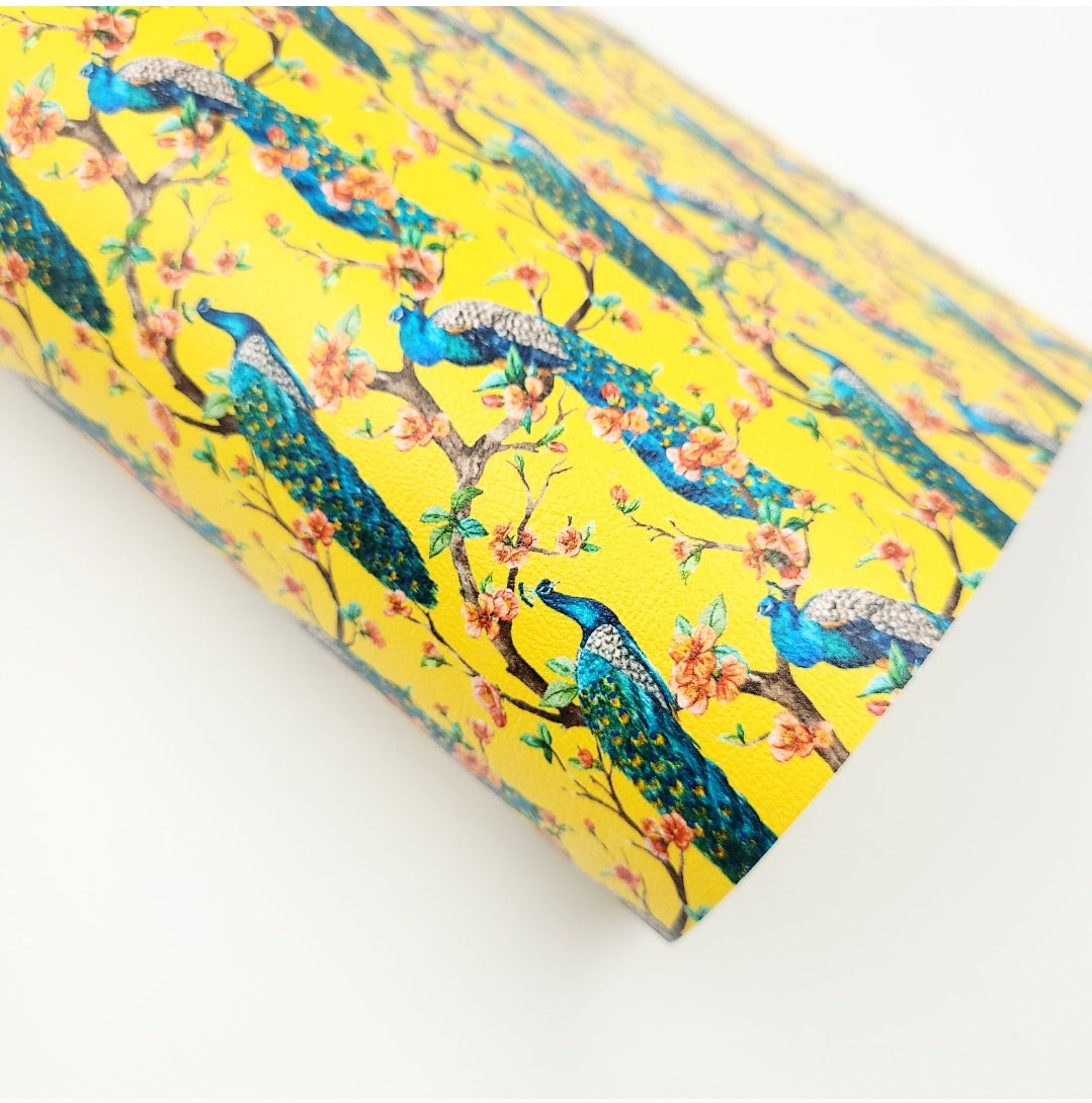 Peacocks on Mustard Artisan Leatherette