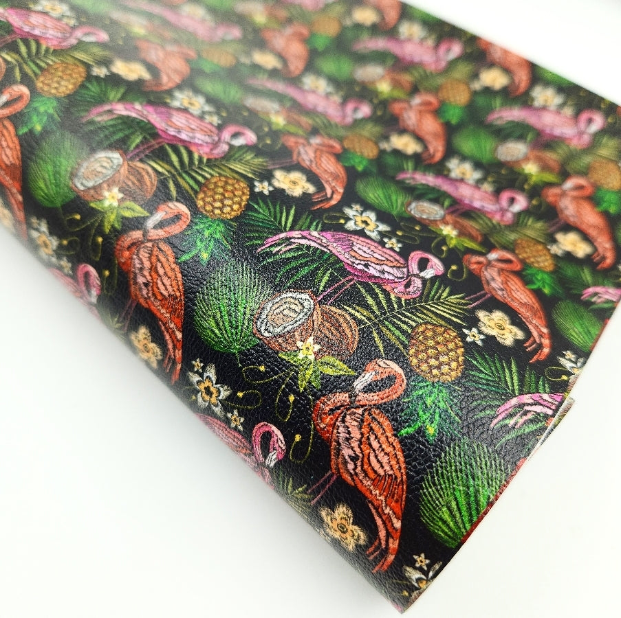 Embroidery Effect Tropical Flamingos Artisan Leatherette