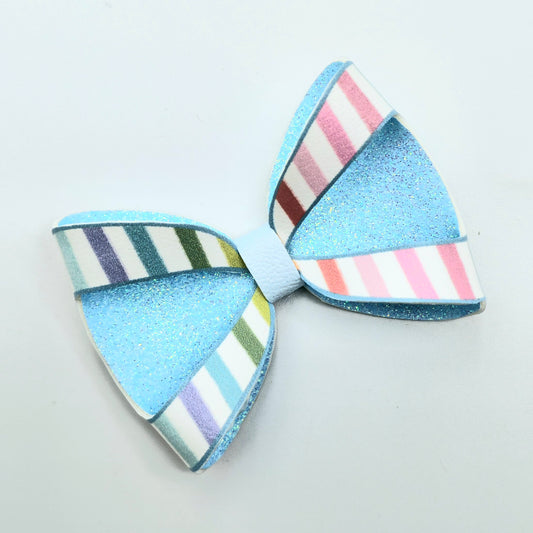 Double Sided Multi Colour Stripes Backed with Pale Blue Glitter Bow Loops