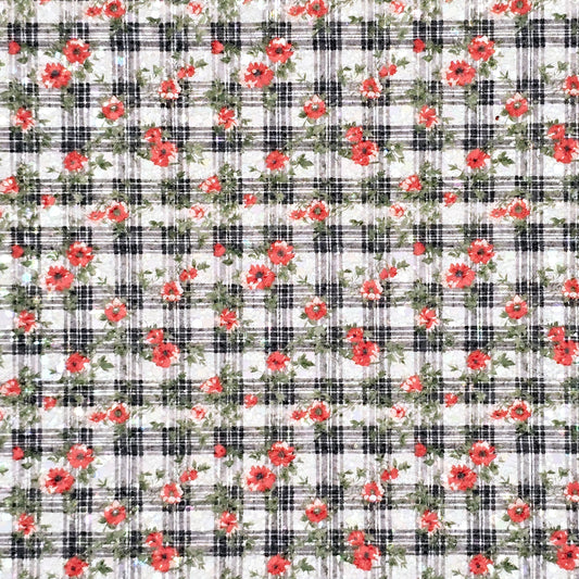 Red Poppies on black & White Plaid Chunky Glitter
