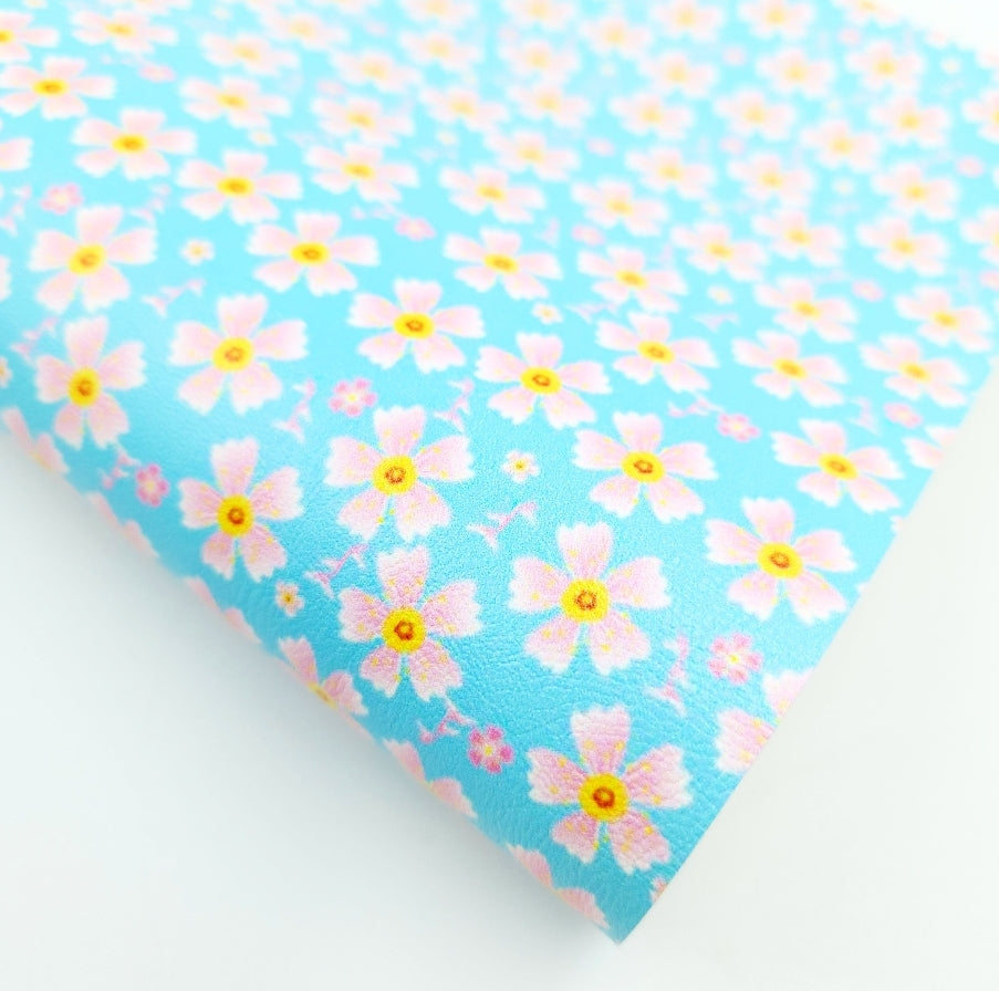 Pink on Blue Floral Artisan Leatherette