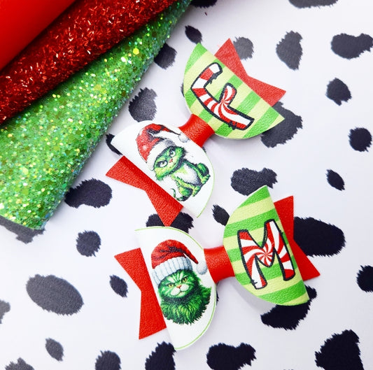 Personalised Grumpy Green Christmas Cat | Printed Bow Loops