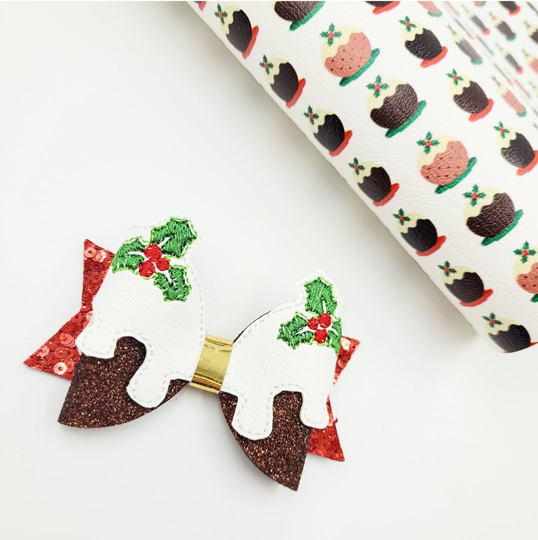 Christmas Pud Embroidered Bow Wraps - for the Felt-Better Medium dolly bow