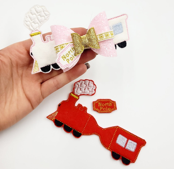 The North Pole Train Hair Bow Tails| Digital Embroidery File