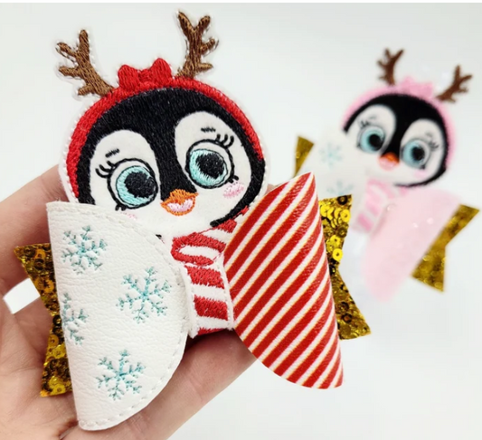 Christmas Penguin Hair Bow Peeker  | Digital Embroidery File